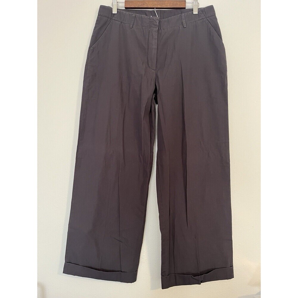 Garnet Hill Wide Leg‎ Pants Women's 14 Gray Trousers Cotton Mid Rise Cuffed New